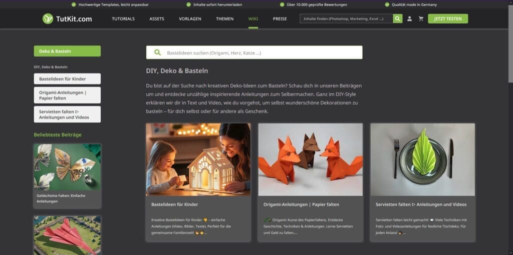 Screenshot der Webseite von TutKit, der die Kategorien der DIY-Ideen zeigt. man sieht die Kategorien "Bastelideen für Kinder" mit einem Foto von Mutter und Kind und einem gebastelten Haus, "Origami-Anleitungen" mit 2 roten und einem Braunen Fuchs aus Papier sowie "Servietten Falten" mit einer zu einem Blatt gefalteten Srviette auf einem grauen Teller mit Gabel und Meser daneben auf einem weißen Tisch.
