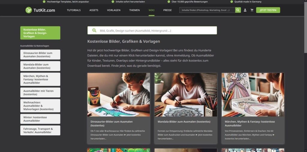 Screenshot der Webeite von TutKit mit den Kategorien "Ausmalbilder für Kinder", "Mandalas" und "Märchen"