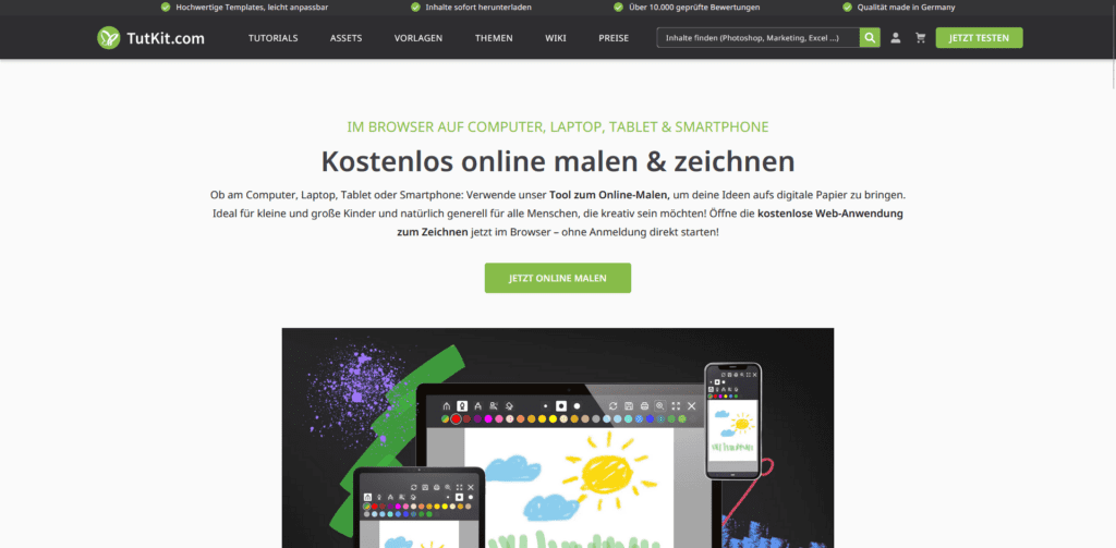 Screenshot der Webseite von TutKit, der die Erläuterungen zeigt, wie das Online-Malprogramm funktioniert.