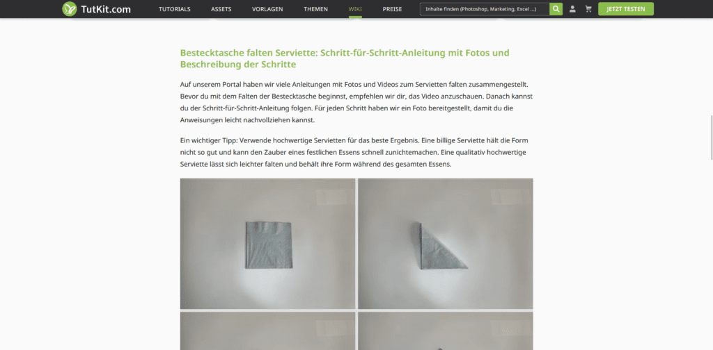 Ein Screenshot der Webseite von TutKit, der den Anfang eines bebilderten Tutorials zum Serviette Flaten zeigt.