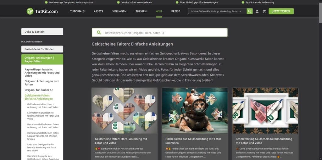 Der Screenshot der TutKit Webseite zeigt verschiedene Tutorials, mit denen man Geldscheine falten kann, zum Beispiel zu Herzen, Fischen oder Schmetterlingen.