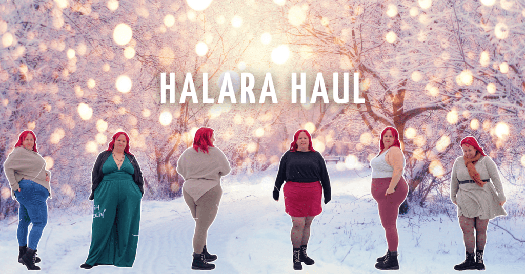 Vor einer Winterlandschaft mit Bäumen und Glitzer stehen 6 Frauen. Es handelt sich um dieselbe Person in unterschiedlichen winterlichen Outfits.