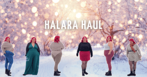 Vor einer Winterlandschaft mit Bäumen und Glitzer stehen 6 Frauen. Es handelt sich um dieselbe Person in unterschiedlichen winterlichen Outfits.