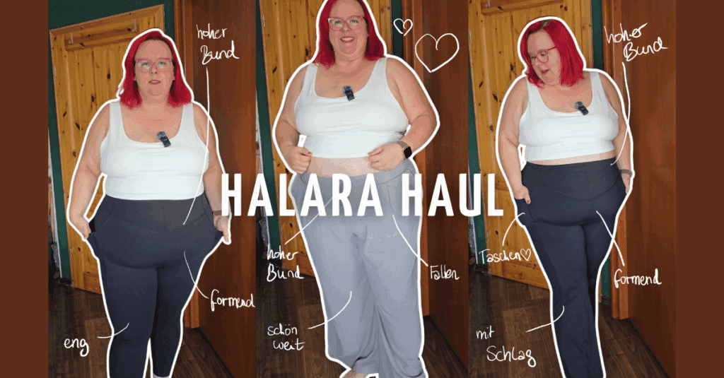 Dicke rothaarige Frau testet Halara Hosen. Zwei Leggings in schwarz, einmal mit weitem und einmal mit engem Bein. Außerdem trägt sie eine hellgraue Hose, die weit fällt. Bei allen 3 Outfits trägt sie ein weißes Croptop.