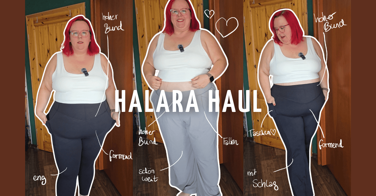 Dicke rothaarige Frau testet Halara Hosen. Zwei Leggings in schwarz, einmal mit weitem und einmal mit engem Bein. Außerdem trägt sie eine hellgraue Hose, die weit fällt. Bei allen 3 Outfits trägt sie ein weißes Croptop.