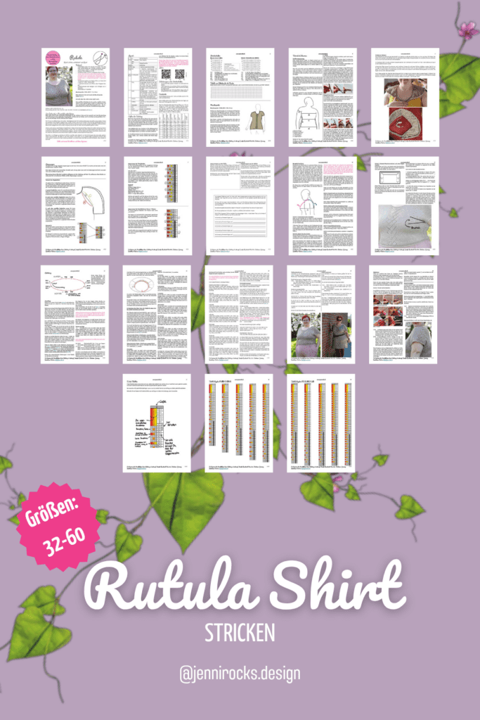 Übersicht über die Strickanleitung "Rutula" Shirt. 18 PDF Dateien vor Fliederfarbenem Hintergrund